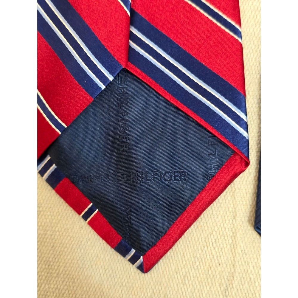 Tommy Hilfiger Mens Silk Tie Red Navy Blue White Striped Rep Necktie USA Made - Picture 6 of 7